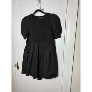 English Factory Black Babydoll Puff Sleeve Poplin Mini Dress Women's Medium